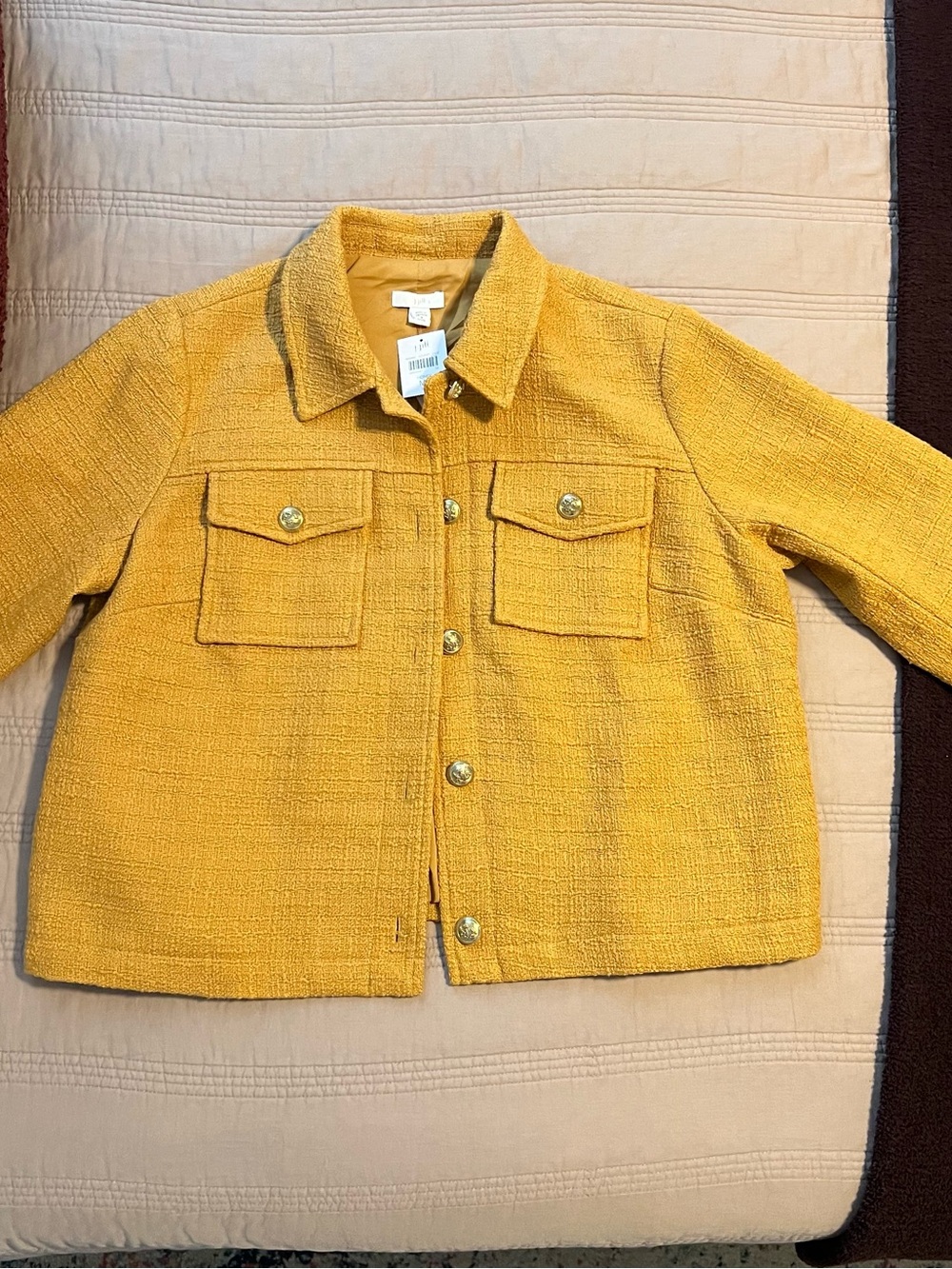 J. Jill Mustard Textured Bouclé Shirt Jacket Honey Medium Petite gold buttons - Picture 3 of 10